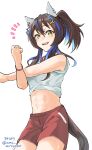  1girl abs absurdres animal_ear_piercing animal_ears blue_hair bracelet brown_hair clothes_lift commentary_request cowboy_shot daitaku_helios_(umamusume) eyelashes facial_mark hair_between_eyes hair_ornament hairclip highres horse_ears horse_girl horse_tail jewelry long_hair midriff multicolored_hair navel notice_lines open_mouth ponytail red_shorts shirt shirt_lift shirt_rolled_up shorts sidelocks simple_background smile solo star_(symbol) star_facial_mark star_hair_ornament stretching tail teeth toned toned_female translation_request triangle triangle_facial_mark twitter_username two-tone_hair uma_motiyodor umamusume upper_teeth_only white_background white_shirt yellow_eyes 