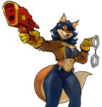 2026 anthro belt blue_hair bottomwear breasts brown_eyes canid canine carmelita_fox clothing collar cuff_(restraint) dipstick_ears ear_markings ear_piercing ear_ring eyebrows female fox gloves gun hair handcuffs handwear jacket mammal markings metal_cuffs midriff mole_under_eye multicolored_ears navel orange_body pants piercing ranged_weapon restraints ring_piercing sly_cooper_(series) smile solo sony_corporation sony_interactive_entertainment sucker_punch_productions sumamiarts tan_body topwear weapon