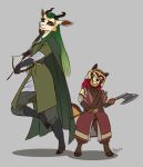 2024 2_horns 5_fingers absurd_res antelope anthro armor axe battle_axe belt_buckle black_sclera blue_eyes bovid bow_(weapon) bronze_(metal) bronze_armor buckle canid canine cape clothing coat cosplay crooked_horn crossbelt digitigrade duo ears_through_headwear fantasy female fingers fur gimli_(tolkien) green_cape green_clothing green_hair grin grinning_at_partner hair headgear helmet hi_res highlights_(coloring) holding_battle_axe holding_bow_(weapon) holding_melee_weapon holding_object holding_ranged_weapon holding_weapon horn j._r._r._tolkien khepra_(zendrid) leather leather_clothing leather_coat leather_gauntlets leather_topwear leg_wraps legolas long_coat long_hair looking_at_another mammal medieval medieval_armor medieval_clothing melee_weapon middle-earth_(tolkien) multicolored_body multicolored_fur multicolored_hair on_one_leg one_fang plate_armor raccoon_dog ragnith_(zendrid) ranged_weapon red_eyes red_hair shoulder_pads signature simple_background size_difference smile snout standing tanuki the_lord_of_the_rings topwear weapon wearing_helmet white_body white_fur wraps zendrid
