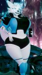 3d_(artwork) 4k 9:16 absurd_res anthro athletic_wear beverage big_breasts blender_(artwork) blue_eyes blue_hair bodily_fluids boots bottomwear bra breasts canid canine cd_projekt_red clothing cybernetics cyberpunk_2077 digital_media_(artwork) exotic_(cyberpunk) female footwear fox fur glowing glowing_eyes gym_bottomwear gym_shorts hair hand_on_hip hi_res jacket legwear looking_at_viewer machine mammal motorcycle outside shoes shorts smile smiling_at_viewer solo sports_bra sweat tekki_(teknotyk) teknotyk thick_thighs thigh_boots thigh_highs topwear underwear vehicle watermark white_body white_fur wide_hips