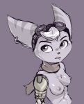 anthro areola big_ears breasts clothed clothing colored_sketch cybernetic_arm cybernetic_limb ear_piercing ear_ring eyewear eyewear_on_head female glistening glistening_areola glistening_body glistening_breasts glistening_nipples goggles goggles_on_head head_tuft hi_res jonas-puppeh lombax mammal muted_colors navel nipples piercing prosthetic prosthetic_arm prosthetic_limb ratchet_and_clank ring_piercing rivet_(ratchet_and_clank) robotic_arm scarf sketch solo sony_corporation sony_interactive_entertainment striped_ears topless tuft