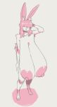 anthro areola bangs big_areola big_breasts big_nipples black_and_pink breasts english_description female full-length_portrait hair hair_over_eyes hand_behind_head huge_areola huge_breasts hyper hyper_breasts inner_ear_fluff lagomorph leporid long_ears long_hair mammal nipples nude portrait rabbit raspberry_(nsfwoaf) sagging_breasts shaded simple_background solo standing submarinechamomile tuft