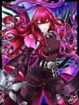  1girl belt black_border black_gloves border breasts buttons commentary_request cowboy_shot double-breasted duel_monster dyuo exosister_karmael exosister_martha gloves highres holding holding_sword holding_weapon jacket long_hair looking_at_viewer military_jacket outside_border pants red_eyes red_hair sidelocks sky smile solo star_(sky) starry_sky sword weapon yu-gi-oh! 