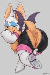 absurd_res anthro anus areola bat big_anus big_breasts biped bite biting_lip biting_own_lip breasts butt butt_zipper clothed clothing eyelashes female genitals grey_background hi_res looking_at_viewer looking_back mammal nipple_piercing nipples noctoc partially_clothed piercing puffy_anus pupils rouge_the_bat sega self_bite simple_background smile solo sonic_the_hedgehog_(series) text thick_thighs unzipped vulva zipper