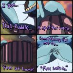 1:1 2026 absurd_res ambiguous_feral ambiguous_gender claws collar comic comic_panel detailed_background dialogue digital_media_(artwork) digital_painting_(artwork) eeveelution ellipsis english_description english_text female_(lore) feral first_person_view frill_(anatomy) generation_1_pokemon grass handwritten_text head_crest head_frill hi_res high-angle_view low-angle_view lying membrane_(anatomy) nintendo on_back onomatopoeia outside painting_(artwork) partially_submerged paws plant pokemon pokemon_(species) poofythedragon quadruped side_view solo sound_effects sunset swimming_pool tail text tree vaporeon water webbed_hands