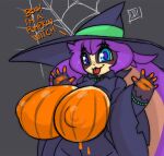 anthro big_breasts big_ears big_hat black_nose blue_clothing blue_dress blue_eyes blue_hat blue_headwear blush breasts bunny_hunter_(do!_games) clothing dialogue do!_games dress exposed_breasts female floppy_ears front_view fur grey_background grey_body grey_fur hair halloween hat headgear headwear holidays huge_breasts huge_ears lagomorph leporid looking_at_viewer lop_ears mammal nipple_outline paint_on_breasts purple_hair rabbit simple_background solo sunny_(bunny_hunter) talking_to_viewer tan_body tan_fur text tongue tongue_out wide_hips witch_costume witch_hat