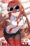  1girl absurdres belt black_pantyhose black_shorts blue_eyes blush breasts brown_jacket collared_shirt commentary_request english_text eyewear_on_head gears ginga_no_kou hair_between_eyes happy_birthday highres jacket lab_coat leather_belt long_hair long_sleeves looking_at_viewer makise_kurisu necktie open_mouth pantyhose pantyhose_under_shorts red_hair red_necktie science_adventure shirt shorts solo steins;gate sunglasses thigh_gap white_belt white_shirt 