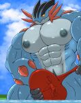 2026 abs anthro big_bulge big_muscles big_pecs bulge clothed clothing detailed_background digital_media_(artwork) duo extreme_size_difference friendly25 generation_6_pokemon hand_on_bulge hi_res huge_pecs inside_clothing inside_underwear male mega_evolution mega_swampert muscular muscular_anthro muscular_male nintendo nipples partially_submerged pecs pokemon pokemon_(species) red_clothing red_thong red_underwear size_difference thong thong_only topless underwear underwear_only water