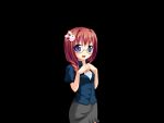  1girl black_background blue_eyes blue_shirt blush braid breasts collared_shirt cowboy_shot fumizuki_yukari game_asset glasses grey_skirt hair_intakes hair_ornament hair_over_shoulder hands_on_own_chest hara_hara!! jewelry large_variant_set long_hair looking_at_viewer necklace non-web_source official_art open_mouth pencil_skirt puffy_short_sleeves puffy_sleeves rabbit_hair_ornament rabbit_ornament red_hair self-datamine sena_mirai_(hara_hara!!) shirt short_sleeves sidelocks simple_background skirt small_breasts smile solo standing tachi-e variant_set 