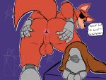 4:3 animatronic anthro anus backsack balls bottomwear butt canid canine clothing english_text eye_patch eyewear feet five_nights_at_freddy's fox foxy_(fnaf) genitals hi_res homophobic_slur ladventea looking_at_viewer looking_back machine male mammal outline penis pirate presenting presenting_hindquarters purple_background red_body robot robot_anthro robotic scottgames shorts simple_background soles solo spread_anus spreading tail talking_to_viewer teeth text toes white_outline yellow_eyes