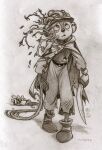 a_tree_of_palme ambiguous_gender animate_inanimate armor bottomwear cape clothing detailed earmuffs eye_bags footwear headgear helmet holding_object holding_weapon jewelry leviticusr long_arm looking_up melee_weapon monochrome necklace open_mouth palme pants plant_growth puppet shirt shoes simple_background sketch solo sword topwear torn_clothing traditional_media_(artwork) unusual_anatomy unusual_arms weapon wooden_body
