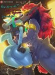 2026 animal_genitalia anthro anthro_on_anthro balls big_balls big_butt biped black_body black_fur blue_body blue_fur blush bodily_fluids butt dialogue duo english_text femboy forced fur generation_4_pokemon generation_5_pokemon genital_fluids genitals hi_res holowear_(pokemon) kissing lucario male male/male male_anthro multicolored_body multicolored_fur nintendo pokemon pokemon_(species) pokemon_unite precum questionable_consent ruins_style_lucario sheath sheath_frottage sheath_kiss sheath_play standing text wizzikt zoroark