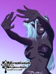 blue_hair crimsonsnow demon female hair heart_nipples horn humanoid nipple_piercing nipples nude piercing purple_body purple_skin shadow shadow_hands_challenge solo trend