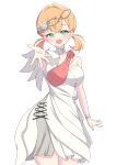  1girl 6th_live_dream_~bloom_garden_party~ absurdres aqua_eyes blush breasts collarbone commentary_request dress flower flower_stand_art hair_flower hair_intakes hair_ornament highres hinoshita_kaho large_breasts looking_at_viewer love_live! love_live!_hasu_no_sora_jogakuin_school_idol_club low_twintails medium_hair offering_hand open_hand orange_hair rokoroko_65 short_dress single_bare_shoulder single_off_shoulder solo twintails virtual_youtuber white_dress white_flower yuki_mau_sora_to_nibyou_no_eien 