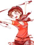  1girl arms_up as_(mememi) bad_drawr_id bad_id bandana bandana_around_neck belt black_pants blue_eyes blush breasts brown_hair cleavage cowboy_shot earrings holding jewelry looking_to_the_side mario_(series) necklace oekaki open_mouth pants pauline_(nintendo) red_belt red_shirt shirt short_hair short_sleeves smile solo teeth upper_teeth_only white_background 
