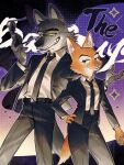 3:4 4_fingers accessory anthro belt belt_buckle biped black_belt black_blazer black_necktie black_nose black_slacks boyfriend/girlfriend buckle canid canine canis canon_couple cheek_tuft clothed clothed_anthro clothed_female clothed_male clothing copyright_name diane_foxington dreamworks duo eyebrow_piercing eyebrows eyelashes eyewear facial_piercing facial_tuft female female_anthro fingers fox fully_clothed fully_clothed_anthro fully_clothed_female fully_clothed_male fur gradient_outline green_eyes grey_body grey_fur hand_on_hip hi_res holding_eyewear holding_object holding_sunglasses inner_ear_fluff iris male male/female male_anthro mammal mr._wolf_(the_bad_guys) necktie orange_body orange_fur outline piercing pink_nose pupils red_fox secret_agents side_by_side smile smiling_at_another snout sunglasses tail text the_bad_guys true_fox tuft ty82659 white_dress_shirt wolf yellow_eyes yellow_sclera