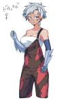  1girl absurdres arm_armor bandaid bandaid_on_face bandaid_on_nose bandeau bare_shoulders braid breasts brown_overalls cleavage closed_mouth collarbone commentary_request cropped_legs curtains earrings excadrill eyelashes facial_mark grey_eyes grey_hair highres jewelry overalls personification pokemon shiny_skin short_hair simple_background single_braid smile solo split_mouth strapless suspenders suspenders_slip translation_request tsubakimaru tube_top venus_symbol white_background white_bandeau 