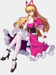  1girl arong black_shoes blonde_hair breasts brown_corset choker cleavage closed_mouth commentary corset dress frilled_dress frills full_body gloves grey_background hair_ribbon high_heels large_breasts long_hair looking_at_viewer pink_dress purple_eyes red_choker red_ribbon ribbon shoes simple_background smile solo thighhighs touhou very_long_hair white_gloves white_thighhighs yakumo_yukari 