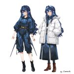  2girls absurdres adapted_costume alternate_costume animal_ears arknights astesia_(arknights) bird_ears black_boots blue_eyes blue_hair blue_skirt boots brown_boots clothing_request collarbone full_body fur_trim hair_intakes hands_in_pockets highres immeasurable long_hair multiple_girls parka scarf skirt 