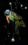 1girl aqua_hair bare_arms bare_legs barefoot big_dipper black_background black_dress butterfly_wings closed_eyes closed_mouth constellation dress eternity_larva fairy falling_petals flower flower_request full_body glowing glowing_flower green_dress highres insect_wings itomugi-kun leaf leaf_on_head multicolored_dress petals pink_petals short_hair sleeping sleeveless sleeveless_dress solo toes touhou white_flower wings yellow_wings 