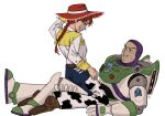  1boy 1girl animal_print boots bow braid braided_ponytail brown_boots buzz_lightyear cow_print cowboy_hat cowgirl_(western) grin hat hd0305 highres jessie_the_yodeling_cowgirl long_hair looking_at_another print_chaps red_bow red_hat shirt simple_background smile toy_story white_background white_shirt 