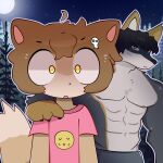 1:1 absurd_res anthro canid canine chibi denks duo felid feline feral forest_background fox hi_res kemono light male male/male mammal moon moonlight muscular muscular_male night push.prinz scared_eyes