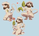 anthro backsack balls bent_legs big_butt blue_background bubble_butt butt crouching erection foreskin fur generation_2_pokemon genitals hi_res humanoid_genitalia humanoid_penis kneeling long_tail male multiple_angles nintendo pawpads penis pokemon pokemon_(species) pose presenting presenting_hindquarters rosalino simple_background smeargle solo tail thick_thighs tongue tongue_out white_body white_fur