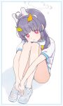  ahoge animal_ear_hairband animal_ears blue_archive blue_border blue_buruma border bright_pupils buruma commentary fake_animal_ears grey_halo gym_shirt gym_uniform hairband halo highres hugging_own_legs invisible_floor knees_up leaf leaf_on_head long_hair looking_at_viewer mi_inunokao miyu_(blue_archive) purple_hair rabbit_ears red_eyes shirt shoes short_sleeves simple_background sitting white_background white_pupils white_shirt white_shoes 