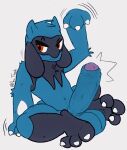 anthro balls big_balls big_penis claws erection femboy foreskin generation_4_pokemon genitals hi_res huge_balls huge_penis humanoid_genitalia humanoid_penis male nintendo partially_retracted_foreskin paws penis pokemon pokemon_(species) rey_trash riolu simple_background sitting solo toe_claws