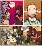absurd_res accessory anon_(snoot_game) anthro aquilops arm_around_shoulders bald beverage bible_(object) big_breasts biped blush bone_frill book bookshelf border bottomwear breasts brown_hair butt canon_couple cavemanon_studios ceratopsian chair clothed clothed_anthro clothed_female clothed_human clothed_male clothing coffee colored comic container cup detailed_background dialogue dinosaur dog_tags dress elbow_feathers eyes_closed eyewear facial_horn fang_(gvh) feathered_wings feathers female fingers flower flower_in_hair footwear frill_(anatomy) furniture gesture glasses goodbye_volcano_high green_clothing green_shirt green_topwear grey_body grey_bottomwear grey_clothing grey_feathers grey_hair grey_pants group hair hair_accessory half-closed_eyes hand_gesture hi_res horn human human_on_anthro humanoid_hands inside interspecies ko_op_(game_developer) long_hair looking_at_viewer male male/female mammal marginocephalian markings mug narrowed_eyes non-mammal_breasts orange_body orange_eyes orange_scales ornithischian pants pillow plant pointing pointing_up prehistoric_species pterosaur reading reading_book red_eyes reptile rosa_(gvh) scales scalie seductive shaded shirt short_tail sitting smile smirk snoot_game socks sofa spanish_text speech_bubble spiked_tail spikes spikes_(anatomy) standing striped_markings stripes surprised tail talking_to_another tan_body text topwear translated trio vonny1491 white_border window wings yellow_clothing yellow_dress