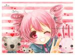  1girl 2010 ahoge artist_name blush cat deviantart_username drill_hair english_commentary highres kasane_teto kasane_teto_(utau) koala one_eye_closed painting_(medium) pink_eyes pink_hair pink_theme pink_trim rabbit striped_background tho-be traditional_media twin_drills utau v watercolor_(medium) 