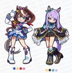  2girls animal_ears aqua_bow aqua_socks ascot asymmetrical_gloves black_boots black_jacket black_skirt blue_eyes blue_gloves blush boots bow bowtie brown_hair buttons cape closed_mouth coat commentary_request curtsey double-breasted ear_bow ear_ribbon epaulettes frilled_coat frilled_jacket frills gloves hair_between_eyes horse_ears horse_girl horse_tail jacket knee_boots long_hair long_sleeves looking_at_viewer mejiro_mcqueen_(frontline_elegance)_(umamusume) mejiro_mcqueen_(umamusume) mismatched_gloves multicolored_hair multicolored_jacket multiple_girls one_eye_closed pink_ascot pleated_skirt ponytail purple_eyes purple_hair red_cape shirt single_epaulette single_hair_streak skirt smile socks streaked_hair striped_clothes striped_shirt tail takuan_(taku1219oekaki) thumbs_up tokai_teio_(peak_joy)_(umamusume) tokai_teio_(umamusume) twitter_username two-tone_hair two-tone_jacket two-tone_skirt umamusume white_boots white_gloves white_hair white_jacket white_skirt white_streaks 