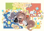  1girl :d angelina_(arknights) angelina_the_mellow_wish_(arknights) animal_ear_fluff animal_ears arknights black_boots black_collar black_hairband boots box brown_eyes brown_hair cardboard_box chibi chibi_only chinese_commentary collar commentary_request detached_sleeves dress english_text food fox_ears fox_girl fruit full_body hair_between_eyes hairband highres ice_cream_cone infection_monitor_(arknights) letter long_hair long_sleeves looking_at_viewer multicolored_hairband orange_(fruit) shayu_haitan smile solo twintails two-tone_hairband white_dress 