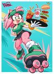 2026 5_fingers alternate_costume amy_rose anthro anthrofied artist_name beverage big_breasts biped black_nose bodily_fluids border bottomwear bracelet breasts burger cleavage clothed clothed_anthro clothed_female clothing countershade_face countershading dated eulipotyphlan eyelashes female female_anthro fingers food footwear fries fully_clothed fully_clothed_anthro fully_clothed_female gloves green_clothing green_eyes green_shirt green_t-shirt green_topwear hair handwear hat headgear headwear hedgehog hi_res holding_tray iris jewelry looking_at_viewer low-angle_view mammal midriff miniskirt navel open_mouth open_smile outline pink_body pink_hair pink_quills pupils quad_skates quill_hair redesign roller_skates sega shirt short_hair skirt smile snout socks solo sonic_the_hedgehog_(series) sweat sweaty_body t-shirt teeth text thick_thighs topwear vextexel visor_cap waiter wearing_gloves white_border white_clothing white_gloves white_handwear white_outline wide_eyed
