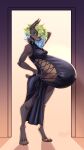 2026 4_toes anthro barbell_piercing belly big_belly black_clothing black_dress blue_hair_tips breasts brown_body brown_fur canid canine canis clothing digital_drawing_(artwork) digital_media_(artwork) digitigrade dobermann domestic_dog dress ear_piercing ear_ring ear_stud english_description eyebrow_barbell eyebrow_piercing facial_piercing feet female fur green_eyes green_hair hair hair_over_eye hand_behind_own_head hand_on_butt hand_on_own_butt hand_on_own_neck hi_res huge_belly humanoid_hands hyper hyper_belly hyper_pregnancy long_hair long_nails looking_at_viewer mammal navel navel_outline outie_navel piercing pinscher pregnant pregnant_anthro pregnant_female prosthetic prosthetic_arm prosthetic_limb ring_piercing short_tail smile smiling_at_viewer solo tail tan_body tan_fur tiggybloom toes