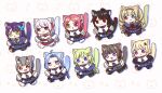  6+girls :< :3 :d ahoge animal_background animal_ears animal_hands aqua_eyes assault_lily belt black_boots black_hair black_horns black_necktie black_pantyhose blonde_hair blue_capelet blue_eyes blue_hair blue_jacket blue_sailor_collar blue_skirt boots braid braided_ponytail brown_hair butterfly_hair_ornament capelet cat_background cat_ears cat_girl cat_paws cat_tail chibi chibi_only closed_mouth commentary detached_sleeves drill_hair drill_sidelocks flower flower_knot fujita_asagao full_body funada_kiito funada_ui gem gem_hair_ornament green_eyes green_hair grey_hair hair_flower hair_ornament hairband hairclip heterochromia high_ponytail highres horns igusa_subaru imamura_yukari_(assault_lily) jacket japanese_clothes jitome kawabata_hotaru kemonomimi_mode kimono kimono_skirt komai_sumire kozue_west layered_sleeves long_hair long_sleeves looking_at_viewer miniskirt multicolored_horns multiple_girls nagasawa_yuki_(assault_lily) neckerchief necktie nigari_(ngari_0115) obi obijime odaiba_girls_high_school_uniform off_shoulder open_clothes open_jacket open_mouth pantyhose parallel_hairclips parted_bangs paw_shoes pink_background pink_belt pink_eyes ponytail purple_eyes purple_hair purple_neckerchief red_eyes red_gem red_hair red_hairband red_horns red_ribbon ribbon sailor_collar sash school_uniform serafuku shiba_tomoshibi shirt short_hair siblings side_braid sidelocks single_braid sisters skirt sleeveless sleeveless_shirt smile standing tail tail_raised twins twintails two-tone_horns very_long_hair walking white_kimono white_pantyhose white_ribbon white_shirt 