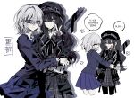 2girls ammunition_pouch arm_belt bandaged_arm bandaged_hand bandages black_bow black_choker black_coat black_dress black_hair black_hat black_pantyhose black_ribbon blue_eyes blue_ribbon blue_skirt blue_suit bow choker closed_mouth coat collared_dress collared_shirt commentary_request cowboy_shot dress gloves goggles goggles_on_headwear grey_eyes gun hair_between_eyes hair_ornament hat highres hug korean_commentary korean_text kurobe_honoka kurobe_nanoka long_hair long_sleeves looking_at_viewer mahou_shoujo_no_majo_saiban multiple_girls multiple_views mxcx1211 neck_ribbon one_eye_closed pantyhose plaid_clothes plaid_dress pleated_skirt pouch ribbon rifle shirt short_hair siblings simple_background sisters skirt smile speech_bubble suit translation_request twintails v watch weapon white_background white_hair white_shirt 