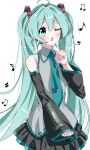  1girl ahoge bare_shoulders bass_clef beamed_eighth_notes black_skirt black_sleeves blue_eyes blue_hair blush chinese_commentary collared_shirt commentary cowboy_shot detached_sleeves double-parted_bangs eighth_note green_necktie grey_shirt hair_between_eyes hand_up hato_tototo hatsune_miku long_hair long_sleeves musical_note necktie one_eye_closed open_mouth pleated_skirt sharp_sign shirt simple_background sixteenth_note skirt sleeveless sleeveless_shirt solo tie_clip twintails very_long_hair vocaloid white_background wide_sleeves 