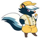 animal_crossing anthro belly boots bottomwear brown_eyes clothed clothing coin collared_shirt digital_drawing_(artwork) digital_media_(artwork) digitigrade dress_shirt flat_cap fluffy fluffy_tail footwear full-length_portrait gloves_(marking) hair hat headgear headwear holding_coin holding_object kicks_(animal_crossing) looking_at_viewer male mammal markings mephitid mouthless nintendo overweight overweight_anthro overweight_male portrait shirt shoes shorts simple_background skunk smash-chu solo suspenders tail topwear whiskers white_background white_hair