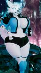 3d_(artwork) 4k 9:16 absurd_res anthro areola areola_slip athletic_wear beverage big_breasts blender_(artwork) blue_eyes blue_hair bodily_fluids boots bottomless bottomwear breasts bulge canid canine cd_projekt_red clothed clothing cybernetics cyberpunk_2077 digital_media_(artwork) exotic_(cyberpunk) footwear fox fur glowing glowing_eyes gym_bottomwear gym_shorts gynomorph hair hand_on_hip hi_res intersex jacket jacket_only legwear looking_at_viewer machine mammal motorcycle open_clothing open_jacket open_topwear outside shoes shorts smile smiling_at_viewer solo sweat tekki_(teknotyk) teknotyk thick_thighs thigh_boots thigh_highs topwear topwear_only under_boob vehicle watermark white_body white_breasts white_fur wide_hips