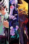  3boys absurdres arm_up belt black_belt black_hair black_jacket black_pants black_shirt black_star_(soul_eater) blue_eyes blue_hair collared_shirt commentary covered_mouth crew_neck death_the_kid english_commentary fingerless_gloves gloves grey_shirt grin hand_on_own_arm highres jacket looking_to_the_side male_focus multicolored_hair multiple_boys open_clothes open_jacket pants red_eyes shirt shirt_tucked_in shoulder_tattoo sideways_glance sleeveless sleeveless_shirt smile soul_eater soul_evans spiked_hair star_(symbol) striped_hair suit_jacket tattoo vicfaust white_hair white_shirt wing_collar 