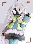  17hornet77987 1girl ahoge alternate_costume arthropod_girl black_skin black_skirt blank_eyes blue_thighhighs blush bow bowtie colored_skin cowboy_shot flying_sweatdrops green_bow green_bowtie highres hollow_knight hollow_knight:_silksong lace_(hollow_knight) long_hair long_sleeves miniskirt nervous_sweating pleated_skirt recording skirt sleeve_belt solo standing sweat thighhighs viewfinder waving white_eyes white_hair zettai_ryouiki 