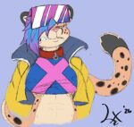 2026 anthro breasts bust_portrait cheetah clothing collar cosplay countershade_face countershade_torso countershading crop_top cropped_jacket dipstick_ears dipstick_tail ear_markings eyewear facial_markings felid feline female frown fur glasses head_markings highlights_(coloring) jubilee_(marvel) lizzie_(raineshadowpaw) looking_at_viewer mammal markings multicolored_ears nipple_outline nipple_piercing nipples piercing pink_nose portrait pupils salaciouslx scowl sharp_teeth shirt signature simple_background slit_pupils solo spots spotted_body spotted_fur tail tail_markings teeth topwear
