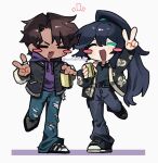  2boys arm_up black_jacket black_pants black_shirt blue_pants blush can chibi closed_eyes cloud_print commentary fang full_body heathcliff_(project_moon) highres holding holding_can hong_lu_(project_moon) hood hoodie jacket limbus_company multiple_boys nantekottawo!! open_mouth pants project_moon purple_hoodie shirt simple_background smile v white_background 