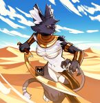 2026 abs accessory action_pose amber_eyes anthro armband athletic athletic_anthro athletic_female bacardi_(muart242) black_body black_fur black_lips blade bottomwear bracelet breasts chest_wraps claws clothed clothing cloud dessert domestic_cat ear_piercing ear_ring egyptian eyelashes felid feline felis female finger_claws food fur gold_(metal) gold_armband gold_bracelet gold_jewelry gold_necklace hi_res holding_melee_weapon holding_object holding_sword holding_weapon inner_ear_fluff jewelry junodayz lips loincloth makeup mammal mascara medium_breasts melee_weapon multicolored_body multicolored_fur navel necklace one_leg_up outside piercing pose raised_leg ring_piercing sand signature skimpy sky sling_bra small_waist solo standing sword tail thick_thighs toe_claws tuft two_tone_body two_tone_fur underwear usekh weapon white_body white_fur white_inner_ear_fluff wide_hips wraps yellow_sclera
