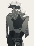  1boy arms_behind_back battle_tendency belt bound bound_wrists bow catneylang commentary contrapposto dimples_of_venus english_commentary facing_to_the_side fingerless_gloves gloves grey_background greyscale highres jojo_no_kimyou_na_bouken joseph_joestar joseph_joestar_(young) male_focus monochrome pants scarf shirt short_hair sleeveless sleeveless_shirt solo standing striped_clothes striped_scarf toned toned_male 
