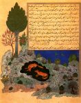 1431 15th_century ancient_art canid canine canis den dimna_(kalila_wa_dimna) duo english_description feral flower fur illuminated_manuscript inside jackal kalila_(kalila_wa_dimna) kalila_wa_dimna male mammal muhammad_bin_baysanqari open_mouth orange_body orange_fur outside paws persian_text plant rock shrub tail text traditional_media_(artwork) translation_request tree