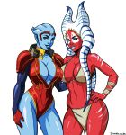 2026 absurd_res alien alien_humanoid asari big_breasts bioware blue_body blue_eyes blue_skin bottomwear bra breasts cleavage clothed clothing collarbone duo electronic_arts eyebrows eyelashes female glistening glistening_body glistening_breasts glistening_skin hand_on_hip hi_res humanoid jaywilliamzart lekku_(anatomy) leotard loincloth markings mass_effect navel not_furry red_body red_skin samara shaak_ti smile star_wars togruta underwear