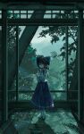  1girl absurdres alternate_costume black_sandals blue_bow blue_eyes blue_skirt bow brown_hair chinese_commentary clothing_request cloud cloudy_sky commentary_request ehextra frilled_bow frilled_hair_tubes frills full_body hair_between_eyes hair_bow hair_tubes hakurei_reimu highres holding long_hair rain sandals shadow shirt skirt sky socks solo touhou tree white_shirt white_socks 