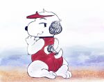 anthro back_cutout beach beagle black_collar black_ears black_eyes black_nose black_spots butt canid canine canis clothed clothing collar crossdressing day domestic_dog femboy freakpaws fur glance glancing_back hat headgear headwear hunting_dog kneeling lifeguard lifeguard_swimsuit male mammal one-piece_swimsuit paws peanuts_(comic) rear_view red_clothing red_swimwear sand scent_hound side_glance snoopy solo spots squiggle_mouth swimwear visor visor_cap white_body white_fur
